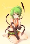  arm_warmers bare_shoulders barefoot belt breasts cleavage earrings face gloves green_hair jewelry kneeling rojiko seiza shorts side_ponytail simple_background sitting solo sonika star strap typo vocaloid 