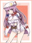  aru_ra_une book breasts capelet cleavage cleavage_cutout covering covering_crotch crescent dress dress_tug hair_ribbon hat highres large_breasts long_hair minidress open_mouth patchouli_knowledge pink_dress purple_eyes purple_hair ribbon solo striped striped_dress touhou violet_eyes wavy_mouth 