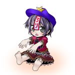  barefoot beret blue_hair blush chibi child grey_eyes hat ichimi jiangshi miyako_yoshika ofuda open_mouth outstretched_arms shirt sitting skirt solo touhou zombie_pose 