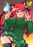  1girl animal_ears black_legwear black_panties blush breasts cat_ears cat_tail double_v fang highres hitodama huge_breasts kaenbyou_rin panties pantyshot pantyshot_(standing) pointy_ears red_eyes redhead rindou_(p41neko) solo standing tail touhou underwear v 