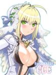 :&lt; ahoge blonde_hair blush bodysuit breasts center_opening chain chains cleavage fate/extra fate/extra_ccc fate/stay_night fate_(series) flower frown green_eyes lock looking_at_viewer padlock robina saber_bride saber_extra solo unzipped veil 