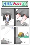  :3 animal_ears black_dress black_hair cat_ears catstudio_(artist) chibi collar comic dog doghouse dress eating fallen_down fish flying_fish highres kuro_(miku_plus) leash no_humans red_eyes sitting stone sweat thai translated translation_request tripping vocaloid walking 