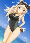  blonde_hair blue_eyes breasts goggles hanna-justina_marseille highres long_hair ocean ogitsune_(ankakecya-han) smile solo strike_witches swimsuit tail 