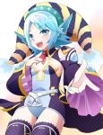  blue_eyes blue_hair detached_sleeves happy hat leotard open_mouth outstretched_hand phantasy_star phantasy_star_portable_2 purple_legwear riku_kanna short_hair smile solo star thigh-highs thighhighs 