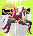  barnaby_brooks_jr blonde_hair blue_eyes boots brown_eyes brown_hair bunny cabbie_hat chizuma facial_hair glasses hat highres jacket jewelry kaburagi_t_kotetsu male multiple_boys necklace necktie petting pettting rabbit red_jacket short_hair sitting stubble tiger tiger_&amp;_bunny vest waistcoat 