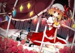  ascot bad_id birdcage blonde_hair bobby_socks bow butterfly cage dress flandre_scarlet flower frills glowing glowing_wings hana&#039;s_(sora_no_kioku) hana's_(sora_no_kioku) hat hat_bow jpeg_artifacts pink_rose red_eyes rose sitting smile socks solo the_embodiment_of_scarlet_devil touhou wariza wings wrist_cuffs 