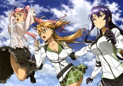  3girls brown_hair busujima_saeko clouds female glasses highres highschool_of_the_dead jpeg_artifacts jumping large_breasts long_hair miyamoto_rei official_art open_mouth panties pink_hair ponytail purple_hair running scan seifuku skirt sky striped_panties takagi_saya tanaka_masayoshi twintails underwear 