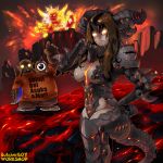  breasts brown_hair butcherboy cho'gall cleavage deathwing dragon dragon_girl genderswap glowing glowing_eyes hand_on_hip horns long_hair molten_rock ogre orge personification ragnaros warcraft world_of_warcraft yellow_eyes 