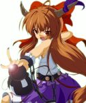  ahoge belt bow brown_hair chain chains dr._cryptoso gourd hair_bow highres horn_ribbon horns ibuki_suika lens_flare long_hair open_mouth red_eyes ribbon shackle slit_pupils solo touhou 