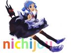  alternate_costume animal apron black_cat black_legwear blue_eyes blue_hair bow cat enmaided hair_cubes hair_ornament highres looking_at_viewer maid maid_headdress naganohara_mio nd nichijou open_mouth outfit ribbon sakamoto_(nichijou) shoes simple_background sneakers text thigh-highs thighhighs title_drop twintails 