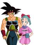  bardock black_eyes blue_eyes blue_hair bow bulma clenched_hand clenched_hands clothes_writing clothing_writing collarbone dragon_ball dragon_ball_z dragon_radar dragonball_z fist gloves hair_bow hand_on_hip headband hips holding mackenrow_1220 monkey_tail muscle pouch radar scar scouter simple_background spiked_hair spiky_hair tail watch white_background wristband 