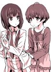  2girls :o ahoge asanagi eye_contact kunogi_ai long_hair looking_at_another looking_back monochrome multiple_girls necktie shirobako shirt_pull short_hair yasuhara_ema 