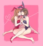  2girls asahina_mikuru bare_legs bare_shoulders barefoot black_hair blush bowtie breasts brown_eyes brown_hair bunny_ears bunny_girl bunnygirl bunnysuit cleavage detached_collar feet hand_holding hand_on_hip hand_on_shoulder heart heart_of_string high_heels hips holding_hands incipient_kiss inviting long_hair multiple_girls orange_eyes orange_hair presenting shoes short_hair single_shoe suzumiya_haruhi suzumiya_haruhi_no_yuuutsu toes tokizawa_naota wrist_cuffs yuri 