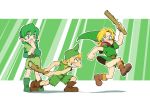  2boys angry belt blonde_hair blue_eyes blush boots briefs chasing child club fighting giggle green_eyes green_hair grin hairband hand_over_mouth hat kokiri link mido mido_(legend_of_zelda) mido_(the_legend_of_zelda) multiple_boys nintendo ocarina_of_time pointy_ears run_away saria short_hair smile stick the_legend_of_zelda underwear usikani weapon young_link 