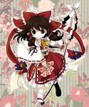  absurdres ascot bell bow brown_eyes brown_hair detached_sleeves dress flower gohei hair_bow hair_tubes hakurei_reimu highres red_dress sash smile socha solo spell_card touhou 