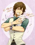  animalization barnaby_brooks_jr brown_eyes brown_hair bunny facial_hair glasses grin grinning kaburagi_t_kotetsu lovecom male multiple_boys musical_note necktie rabbit short_hair smile stubble tiger_&amp;_bunny translation_request vest waistcoat watch wink wristwatch 