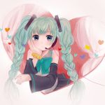  blush bow braid detached_sleeves fly_333 hair_bow hatsune_miku headset heart twin_braids twintails vocaloid 