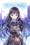  black_hair blue_eyes blush doll_hug dress gan_(shanimuni) kami-sama_no_memo-chou long_hair looking_at_viewer shionji_yuuko sketch smile solo stuffed_animal stuffed_toy teddy_bear 