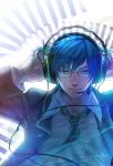  blue_hair copyright_request glasses headphones headset liduke male mircophone necktie smile 