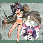  blue_hair boots captain_vanilla character_request embarrassed eyepatch gloves hat jacket kugelschreiber onoha_mespos pink_hair pirate_hat rance_(series) rance_quest sandals skull_and_crossbones swimsuit sword tan tanline twintails weapon 