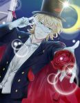  bad_id barnaby_brooks_jr bishoujo_senshi_sailor_moon black_hair blonde_hair cape cosplay crescent_moon flower formal glasses gloves green_eyes hat male moon outstretched_hand parody petals red_rose rinzu_acco rose solo suit tiger_&amp;_bunny top_hat tuxedo tuxedo_kamen tuxedo_kamen_(cosplay) white_gloves 