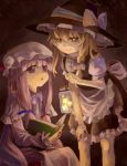  apron bangs blonde_hair blunt_bangs book bow braid chikamichi_(ssssgirl) glowing hair_bow hand_on_knee hat holding jar kirisame_marisa leaning_forward light long_hair multiple_girls open_book open_mouth patchouli_knowledge purple_eyes purple_hair reading side_braid sitting smile standing star touhou violet_eyes waist_apron witch witch_hat yellow_eyes 