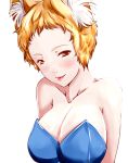  :p alternate_costume animal_ears bare_shoulders blonde_hair breasts bust cleavage collarbone dearmybrothers face forehead fox_ears highres large_breasts light_smile no_hat no_headwear short_hair solo tongue touhou yakumo_ran 