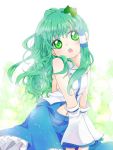  :o bare_shoulders breasts chikamichi_(ssssgirl) detached_sleeves green_eyes green_hair hair_ornament hair_tubes head_tilt kochiya_sanae leaning_forward long_hair navel no_bra sideboob skirt solo touhou v_arms wavy_hair 