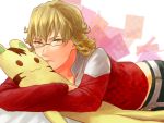  azalea229 bad_id barnaby_brooks_jr belt blonde_hair brown_hair facial_hair glasses green_eyes jacket lying male on_stomach red_jacket solo stubble stuffed_tiger tiger_&amp;_bunny 