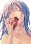  bare_shoulders collarbone face food fruit hands highres holding holding_apple holding_fruit lips open_mouth original purple_eyes purple_hair simple_background solo teeth uvula violet_eyes yuuhei 