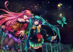  alternate_costume blue_eyes breasts butterfly cleavage green_eyes green_hair hatsune_miku highres kairuru long_hair megurine_luka multiple_girls night night_sky pantyhose petals pink_hair project_diva project_diva_2nd sky tattoo thigh-highs thighhighs twintails very_long_hair vocaloid 