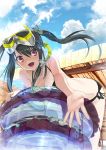  beckon beckoning bent_over bikini black_hair blush breasts cleavage diving_mask from_below hands highres innertube long_hair matsui_hiroaki open_mouth original outstretched_arm outstretched_hand red_eyes side-tie_bikini sky smile snorkel swimsuit transparent twintails 