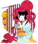  bad_id black_hair closed_eyes hasuhashi japanese_clothes kimono lantern obi object_on_head octopus original paper_lantern red_eyes short_hair solo tentacles yagasuri 