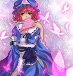  blush bow butterfly dress fan floral_background flower ghost hat japanese_clothes li_luo pink_eyes pink_hair ribbon saigyouji_yuyuko short_hair solo touhou triangular_headpiece wide_sleeves 