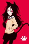  animal_ears black_hair cat_ears face fish_bone fish_bones hands_in_pockets hands_on_hips long_hair messy_hair mouth_hold original pantyhose paw_print red_eyes school_uniform slit_pupils tail 