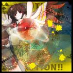  :d abstract bangs black_hair blouse bow brown_hair cape caution energy_ball frills gem highres long_hair looking_at_viewer nmaaaaa open_mouth radiation_symbol red_eyes reiuji_utsuho skirt smile solo teeth third_eye touhou wings 