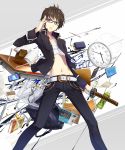  adjusting_glasses androgynous bag bandage bandages belt blazer blue_eyes book brown_hair calculator cellphone clock cuffs desk gakuran glasses handcuffs highres ito-en jacket katana male midriff navel notebook open_shirt orda original pen phone purple_eyes sarashi school_uniform short_hair solo sword weapon 