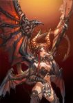  bikini_armor blue_eyes breasts cleavage copyright_request cup demon_girl demon_horns lips multiple_wings no_panties red_hair redhead shaonav skull solo tail wings 