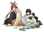  barefoot black_hair braid chinese_clothes hair_ornament hair_rings jewelry judal long_hair looking_at_viewer magi_the_labyrinth_of_magic midriff open_mouth red_eyes red_hair redhead ren_kougyoku simple_background single_braid smile yellow_eyes yousuke_(sekizome) 