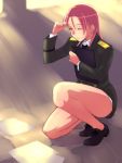  closed_eyes earrings em eyes_closed jewelry legs long_legs microskirt military military_uniform minna-dietlinde_wilcke one_knee paper red_hair redhead solo squatting strike_witches sunlight thighs uniform 
