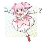 bow bubble_skirt choker ekra gloves hair_bow kaname_madoka kneehighs magical_girl mahou_shoujo_madoka_magica open_mouth pink_eyes pink_hair puffy_sleeves running short_twintails solo twintails white_gloves white_legwear 