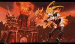  blonde_hair fang fingerless_gloves fire flame gloves glowing glowing_eyes highres nam_(valckiry) pauldron pauldrons personification ragnaros red_eyes slit_pupils thigh-highs thighhighs twintails warcraft warhammer weapon world_of_warcraft zettai_ryouiki 