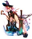  between_thighs blue_eyes breasts cleavage detached_sleeves dragon&#039;s_crown dragon's_crown dress hat highres huge_breasts legs_up long_hair orange_hair simple_background skeleton so-bin solo sorceress_(dragon&#039;s_crown) sorceress_(dragon's_crown) staff strapless_dress sword thighs weapon witch_hat 