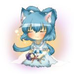  animal_ears beret blue_dress blue_hair blush cat_ears character_doll chibi closed_eyes dress eyes_closed fang hair_rings hat jiangshi kaku_seiga kemonomimi_mode miyako_yoshika ofuda paws rebecca_(keinelove) rebecca_(naononakukoroni) shawl shirt short_hair sitting skirt smile touhou vest 