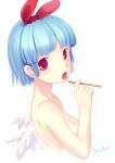  blue_hair blush bob_cut bow breasts cleavage disgaea face hair_bow nippon_ichi nude original pleinair popsicle_stick red_eyes shiny shiny_hair short_hair simple_background solo tongue tongue_out wings yadamon_(neverland) 