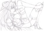  breasts bustier cleavage demon_girl detached_sleeves garter_straps graphite_(medium) hand_behind_head high_heels horns large_breasts legs lingerie long_hair lying monochrome mushi024 necktie on_back original panties pointy_ears shoes sketch solo thigh-highs thighhighs traditional_media underwear 