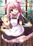  1girl apron bad_id black_legwear blush cake choker food green_eyes long_hair lowres maid open_mouth original pink_hair ribbon shiramori_yuse short_twintails smile solo teapot thigh-highs thighhighs tray twintails vertical-striped_legwear vertical_stripes window wink yuse 