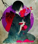  black_hair flower flower_in_mouth hasuhashi japanese_clothes kimono mouth_hold obi original profile red_eyes short_hair solo unmoving_pattern 