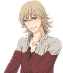  bad_id barnaby_brooks_jr blonde_hair blush glasses green_eyes jacket jewelry male necklace red_jacket simple_background solo tiger_&amp;_bunny white_background yossu 