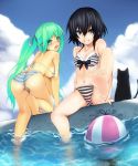  all_fours ass bad_feet ball barefoot beachball bikini black_cat black_cat_(series) black_eyes black_hair blue_eyes blush bow breasts cat feet feet_in_water from_behind ginji74 green_eyes green_hair grin hair_ribbon highres large_breasts legs long_hair looking_back multiple_girls navel open_mouth original ponytail short_hair sideboob sitting small_breasts smile soaking_feet striped striped_bikini striped_swimsuit swimsuit twintails water wet 